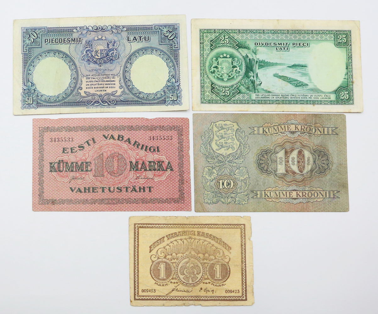 Litwa, 25-50 latu 1934-1938, Estonia 10 koron 1928, marka 1919, 10 marek 1922, zestaw 5 sztuk
